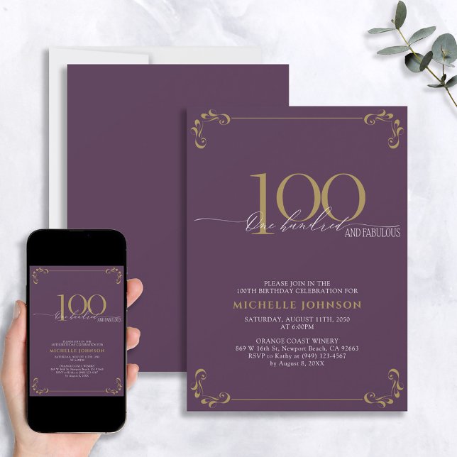 Invitation 100 & Fabuleux Purple & Gold Calligraphy Anniversa (Créateur téléchargé)