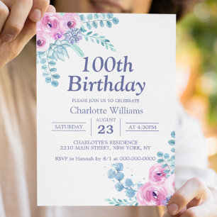Invitation 100e anniversaire Aquarelle Florale pourpre 100 an