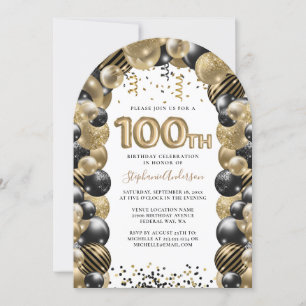 Invitation 100e Anniversaire Balloon Gold Black Sparkle