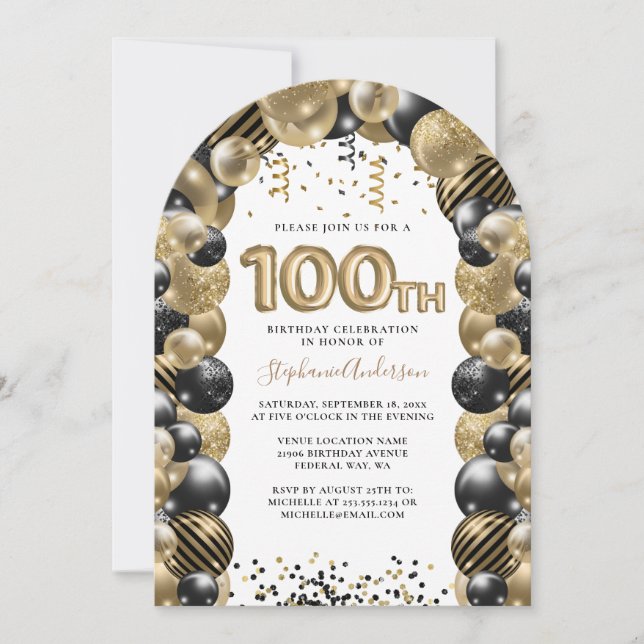 Invitation 100e Anniversaire Balloon Gold Black Sparkle (Devant)