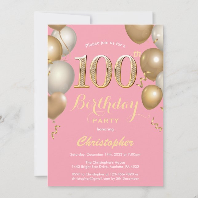 Invitation 100e Anniversaire Balloons rose et or Confetti (Devant)
