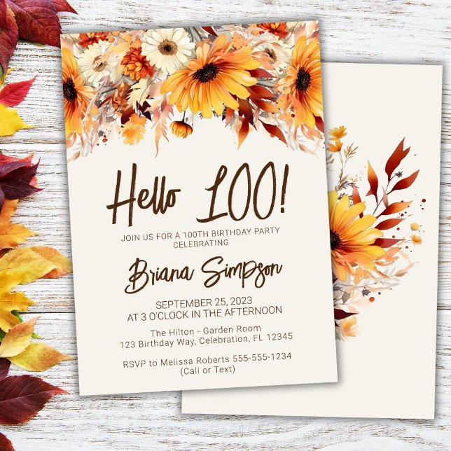 Invitation 100e anniversaire beige automne floral (Créateur téléchargé)