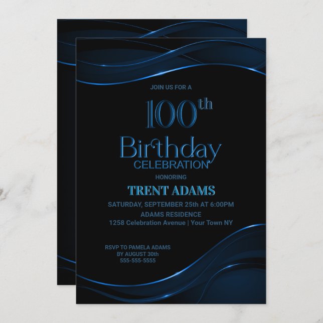 Invitation 100e anniversaire Black Blue Party (Devant / Derrière)
