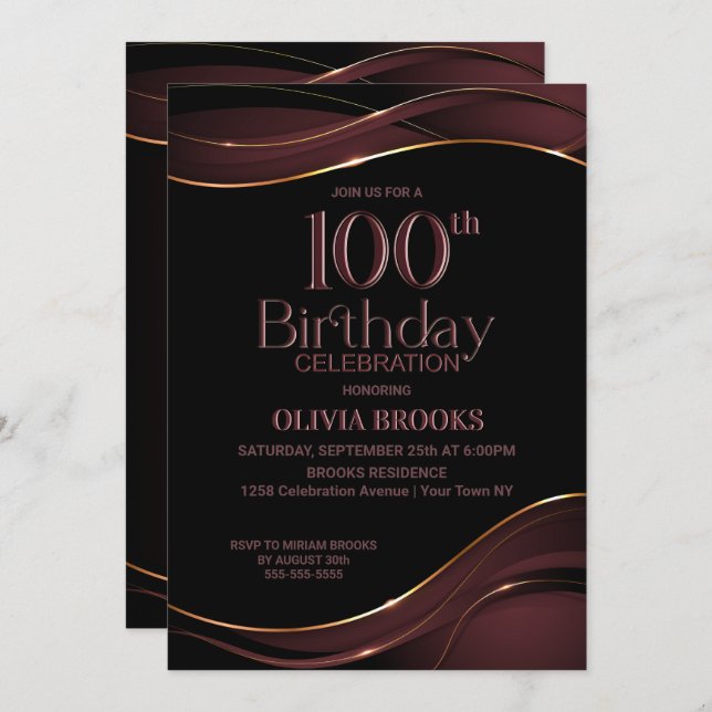Invitation 100e anniversaire Black Dusty Pink Party (Devant / Derrière)