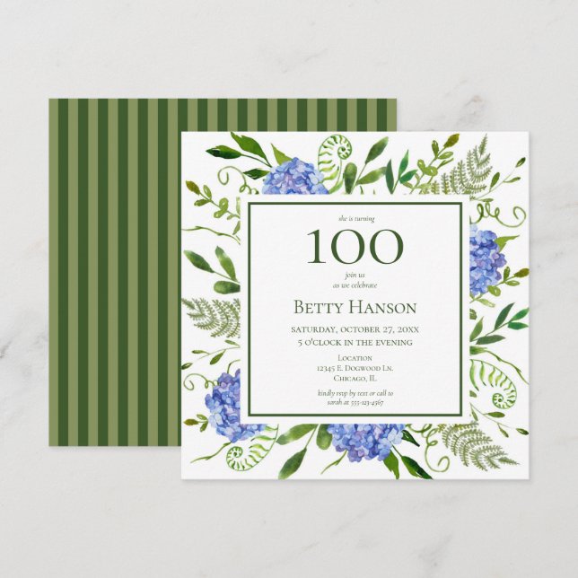 Invitation 100e anniversaire Blue Hydrangeas (Devant / Derrière)