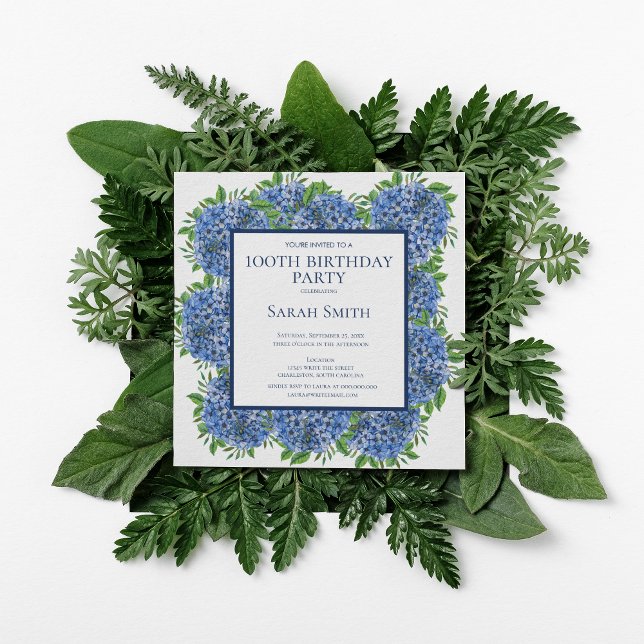 Invitation 100e anniversaire Blue Hydrangeas Watercolor Party (Créateur téléchargé)