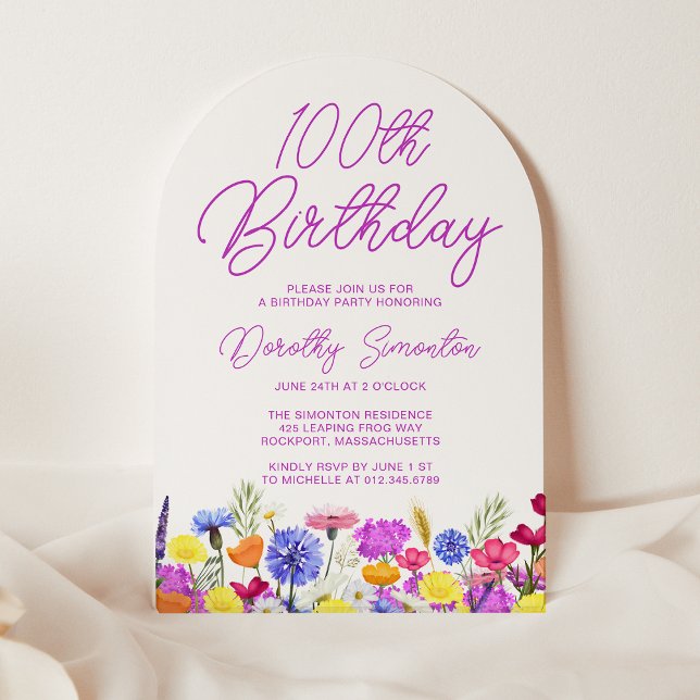 Invitation 100e anniversaire Boho Purple Fleur sauvage Arch (Créateur téléchargé)