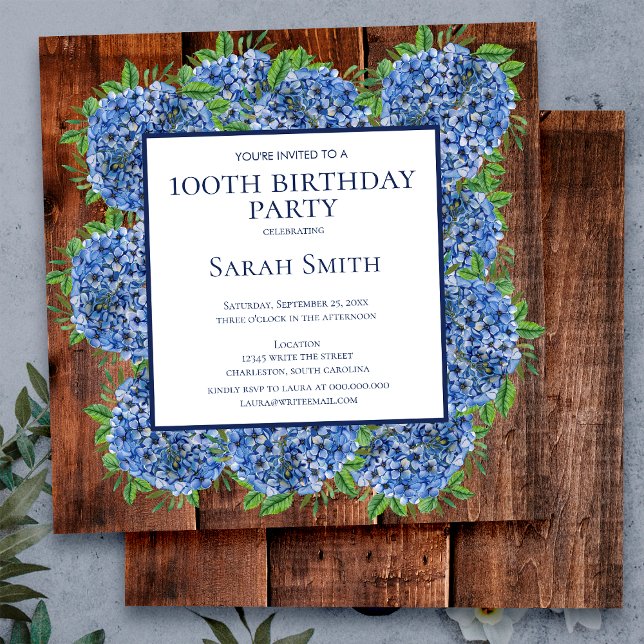 Invitation 100e Anniversaire Bois Bleu Hydrangeas Fête Rustiq (Créateur téléchargé)