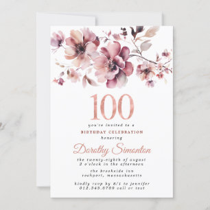 Invitation 100e anniversaire Bourgogne Dusty Blush rose flora