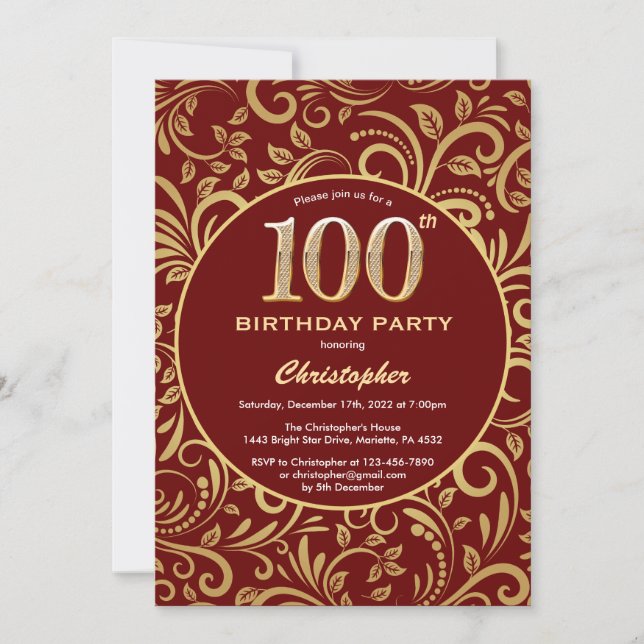 Invitation 100e anniversaire Bourgogne rouge & or modèle flor (Devant)