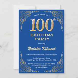 Invitation 100e anniversaire Cadre Parties scintillant bleu e