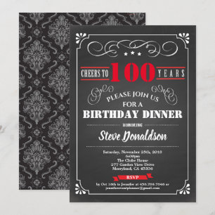 Invitation 100e anniversaire chalkboard rétro rouge noir