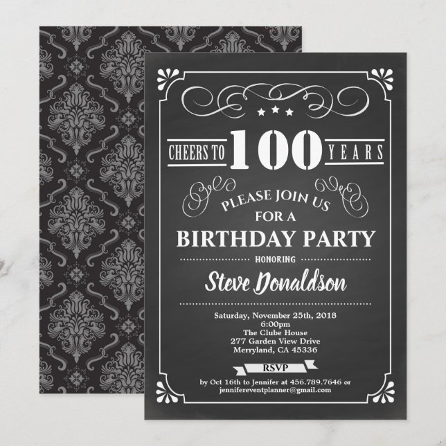 Invitation 100e anniversaire chalkboard rétro vintage (Devant / Derrière)