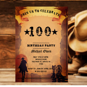 Invitation 100e anniversaire cowboy vieux papier cheval cheva