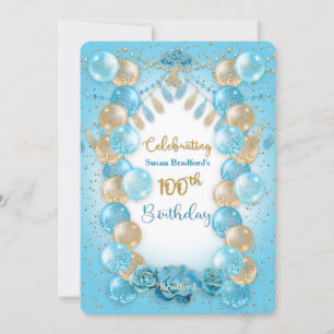 Invitation 100e anniversaire Dames Blue Gold Balloons Design