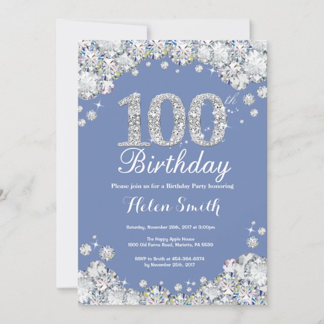 Invitation 100e anniversaire Diamant d'argent bleu (Devant)