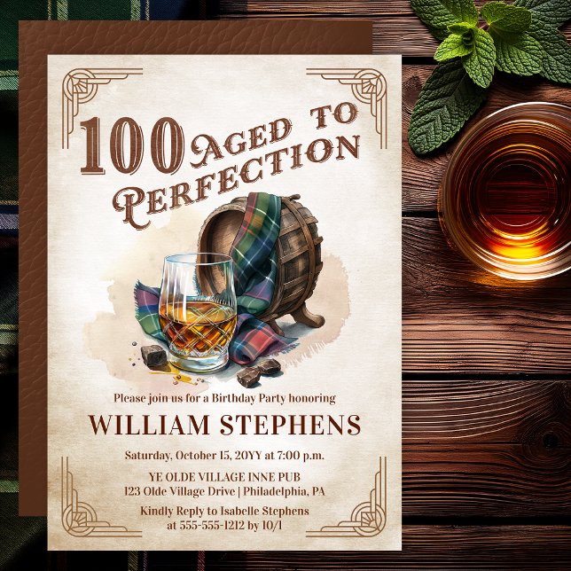 Invitation 100e Anniversaire du Scotch Vieilli à la Perfectio (Aged to Perfection 100th Birthday Party Scotch Whiskey Invitation for Men)