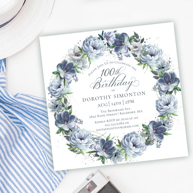 Invitation 100e anniversaire Dusty Blue Flower Wreath (Créateur téléchargé)