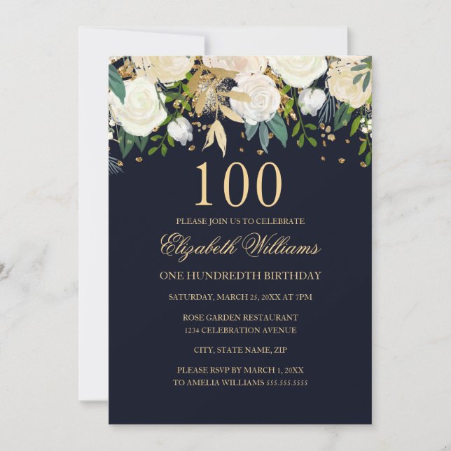 Invitation 100e anniversaire Elegant Navy Gold Floral Invitat (Devant)