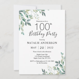 Invitation 100e anniversaire Elégant vert Eucalyptus verdure