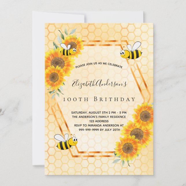 Invitation 100e anniversaire été jaune tournesols rustiques (Devant)