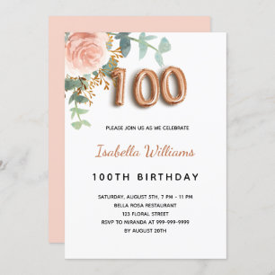 Invitation 100e anniversaire fleuri rose d'or eucalyptus feui