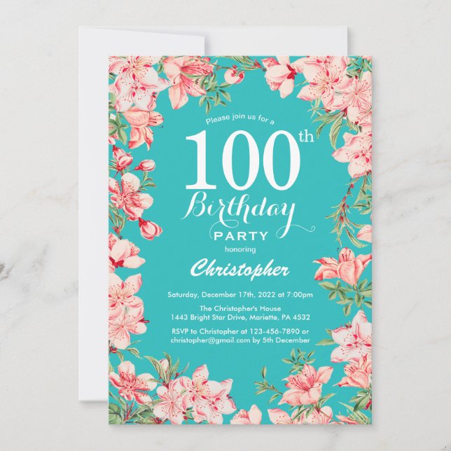 Invitation 100e anniversaire Fleurs florales roses Turquoise  (Devant)