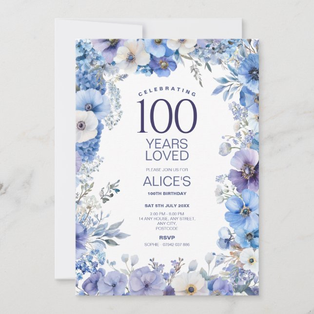 Invitation 100e anniversaire, Floral pourpre et bleu, Jalon (Devant)