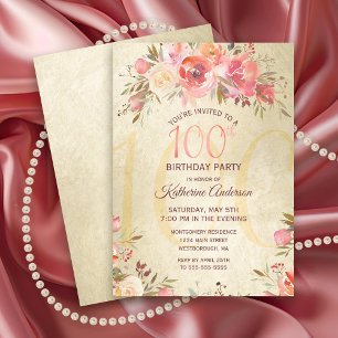 Invitation 100e anniversaire Floral Rose Gold Shimmer Party