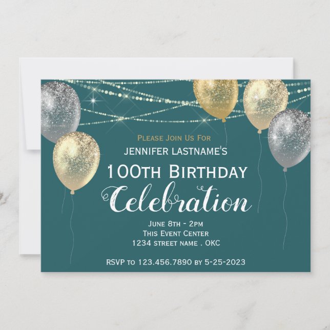 Invitation 100e anniversaire Gold Silver Parties scintillant  (Devant)
