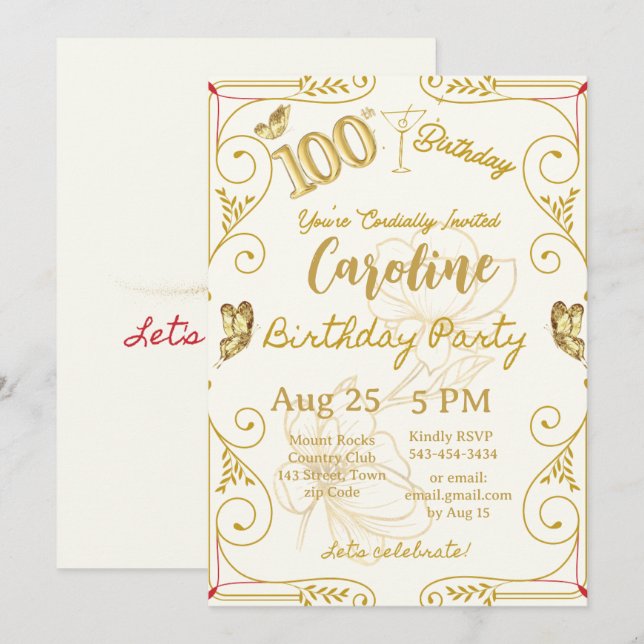 Invitation 100e anniversaire Jalon Élégant (Devant / Derrière)