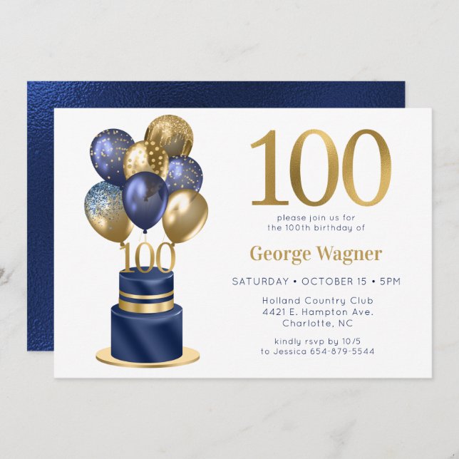 Invitation 100e anniversaire Marine Blue Balloon Cake (Devant / Derrière)