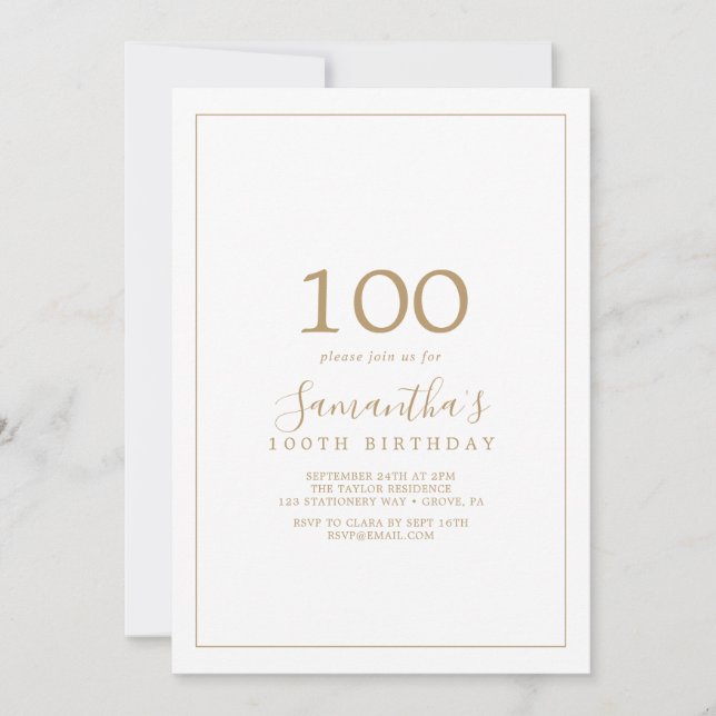 Invitation 100e anniversaire minimaliste d'or (Devant)