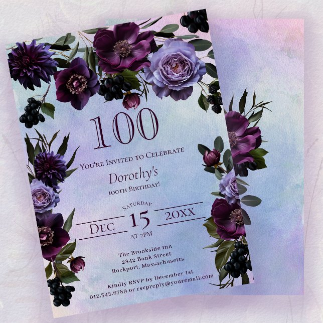 Invitation 100e anniversaire Moody Purple Gothic Flower (Créateur téléchargé)