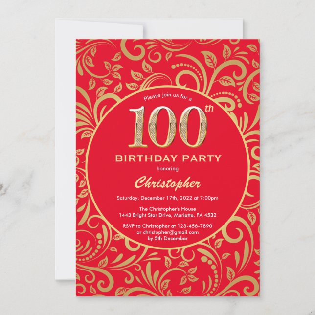 Invitation 100e anniversaire Motif Floral rouge et or (Devant)