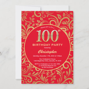 Invitation 100e anniversaire Motif Floral rouge et or