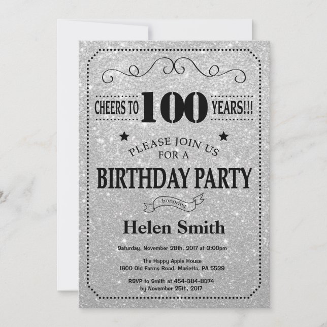 Invitation 100e anniversaire paillettes noires et  (Devant)