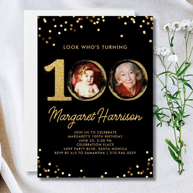 Invitation 100e anniversaire Parties scintillant d'or Confett (Créateur téléchargé)