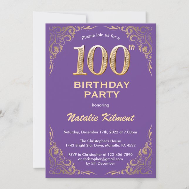 Invitation 100e anniversaire Parties scintillant violet et or (Devant)