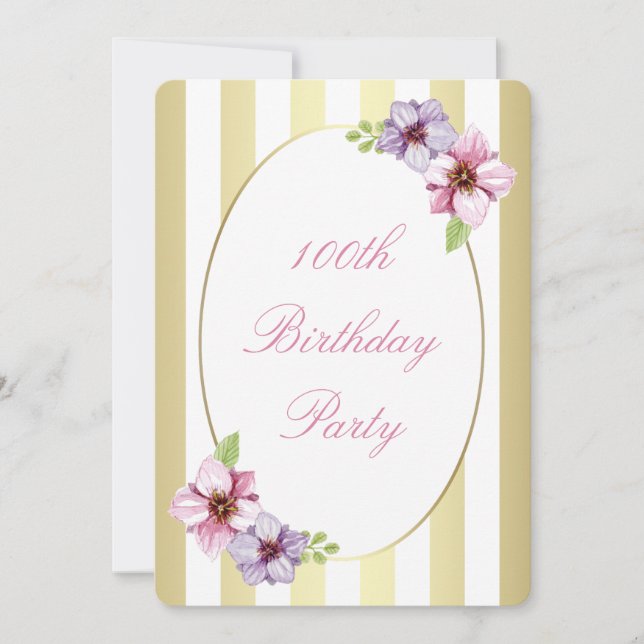 Invitation 100e anniversaire Pink Lilac Floral White Gold Str (Devant)