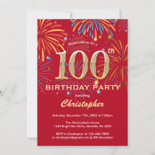 Invitation 100e anniversaire Red and Gold Rainbow Fireworks