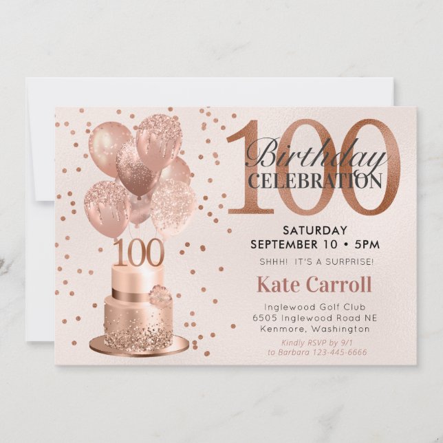 Invitation 100e anniversaire Rose Gold Cake Surprise Party (Devant)