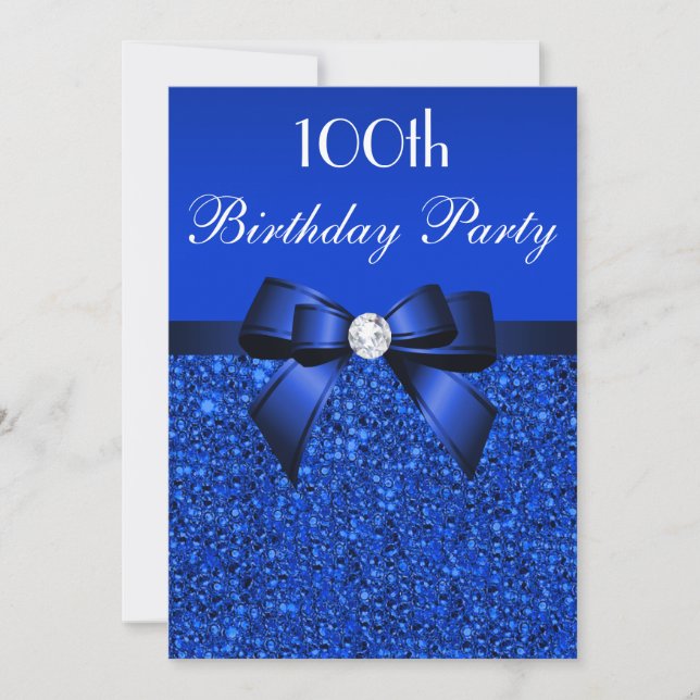 Invitation 100e anniversaire Royal Blue Sequins Bow et Diamon (Devant)