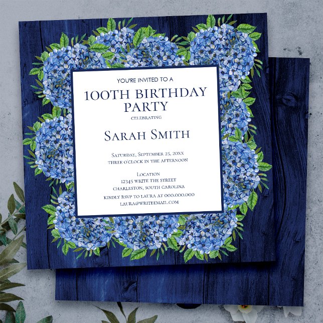 Invitation 100e anniversaire Rustic Wood Blue Hydrangeas Part (Créateur téléchargé)