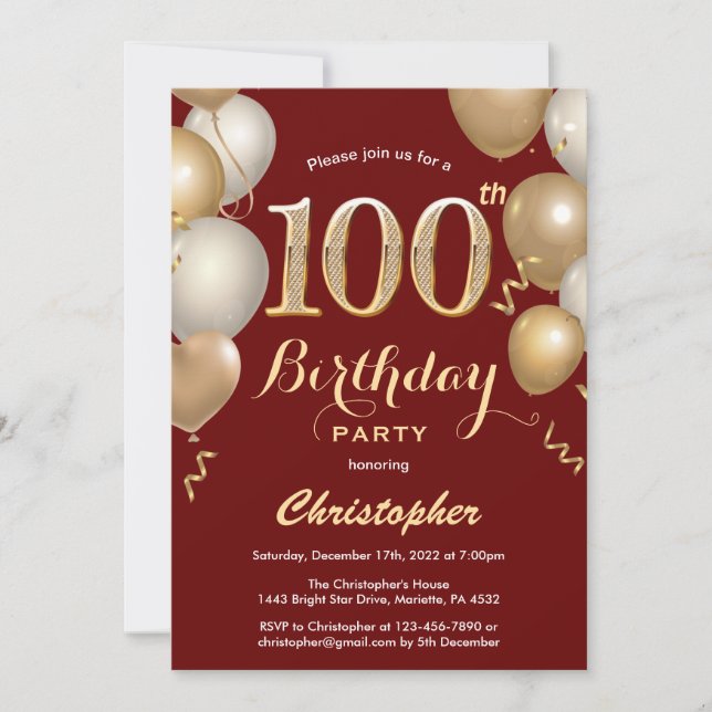 Invitation 100e anniversaire Sombre Rouge et Or Ballons Confe (Devant)