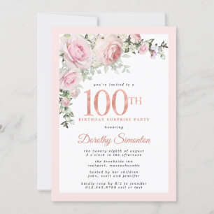 Invitation 100e anniversaire Surprise Party Blush rose floral