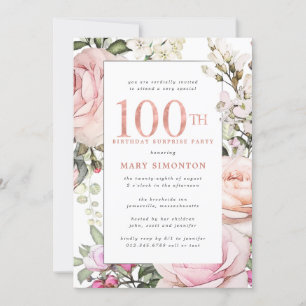 Invitation 100e anniversaire Surprise Party Blush rose floral