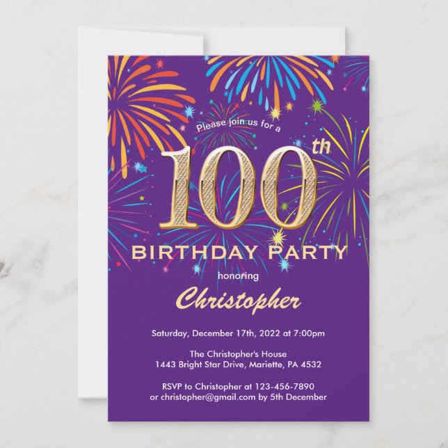 Invitation 100e anniversaire violet et or arc-en-ciel feux (Devant)