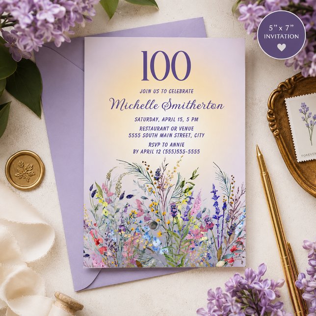 Invitation 100e anniversaire Watercolor Wildflower (Lavender watercolor wildflowers 100th birthday party invitation)