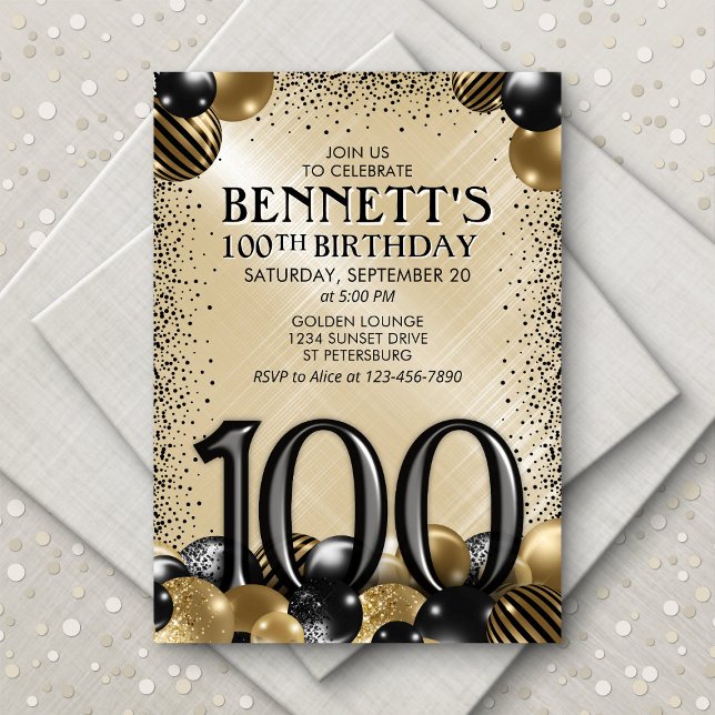 Invitation 100e Ballons Black Gold Anniversaire (Créateur téléchargé)